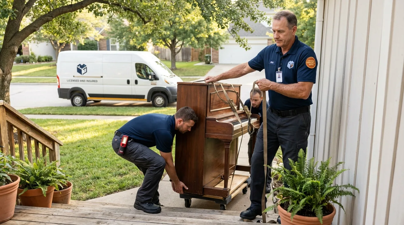 Licensed piano movers securing grand piano in Magna, UT